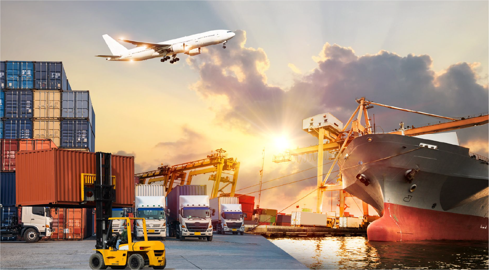 Air, sea, and ground freight operations at an international logistics hub